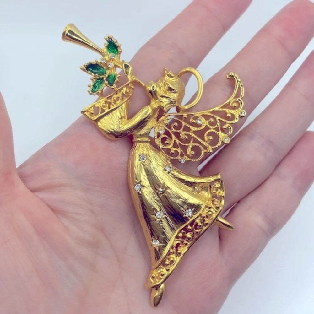 Vintage Large Gold Tone Angel Brooch